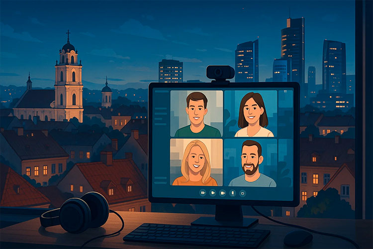 Screen with opened stranger chat and Lithuania city on a background